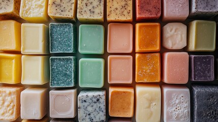 Colorful handmade soaps in various pastel shades are neatly organized for viewing.