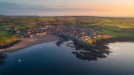 Obraz premium Aerial landscape panorama directly above the Northumberland fishing village of Craster which is famous for its smoked kippers : Generative AI