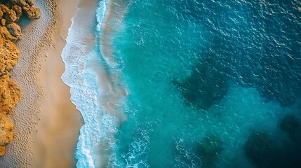 Relaxing aerial beach summer vacation tropical Mediterranean landscape banner Waves surf amazing blue ocean lagoon sea shore coastline Beautiful aerial drone top view Peaceful beach se : Generative AI