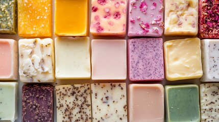 A variety of artisanal natural soaps in soft pastel colors arranged neatly together. Background of many colorful homemade soaps.