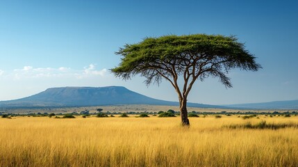 Obraz premium This photo captures the beauty of African nature with its vast landscapes and distinctive scenery From expansive savannahs to majestic mountains Africa boasts incredible diversity : Generative AI