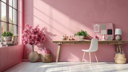 Cozy Home Office Workspace with Pink Interior Decor, Wooden Desk, Modern White Chair, and Abundant Greenery in Bright Natural LightCozy home workspace