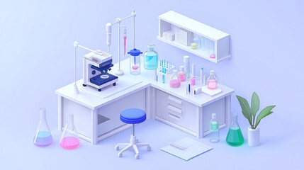 Fototapeta premium 3D cartoon illustration of a futuristic chemistry laboratory isolated on a light purple background