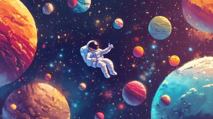 Outer space scene with a cartoon astronaut flying among vibrant planets and twinkling stars, capturing a sense of exploration