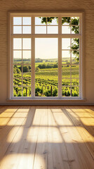 A vertical photo of an empty living room with a large window with a vineyard landscape view