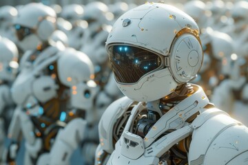Fototapeta premium Close-Up of Futuristic White Robot With Blue LED Eyes in Row of Identical Humanoid Robots, Advanced AI Technology Concept Stock PhotoAdvanced technology