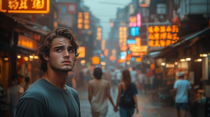 Fototapeta premium A young man looking upset after seeing a girl walking with someone else on a busy city street at night
