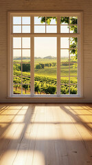 Obraz premium A vertical photo of an empty living room with a large window with a vineyard landscape view