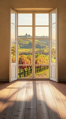 A vertical photo of an empty living room with a large window with a vineyard landscape view