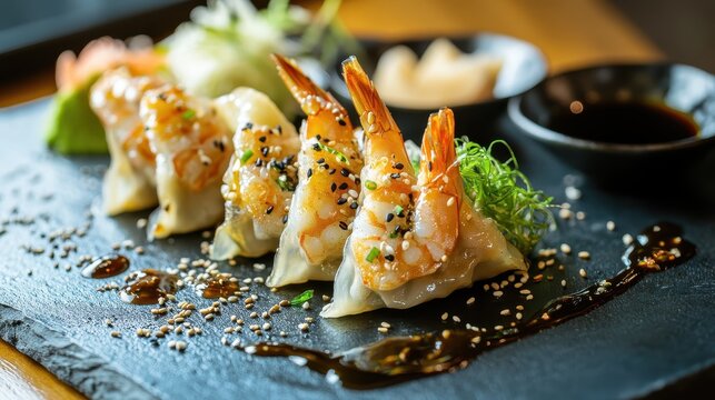 Gyoza dumplings with Shrimp on black stone plate with soy sauce