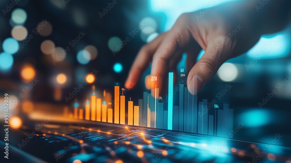 Poster a person manipulating digital data visualization on a touchscreen display in a modern office during 