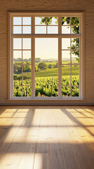 A vertical photo of an empty living room with a large window with a vineyard landscape view