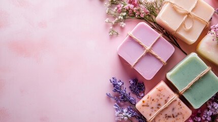 Artisanal soaps arranged with fresh flowers on a pink background with copy space. Colorful homemade natural soaps wrapped with ropes.