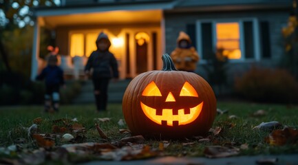 Obraz premium Glowing Jack-O’-Lantern on Lawn with Trick-or-Treating Kids and Warm House Lights, Cozy and Spooky Halloween Evening
