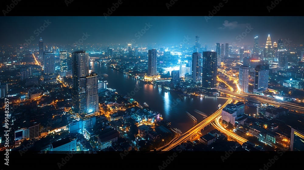 Poster smart network and connection technology concept with bangkok city background at night in thailand pa