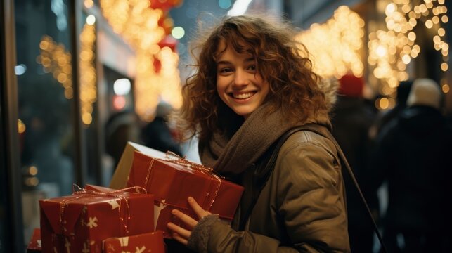 woman with a Gifts in a street, with a big smile, happy christmas shopping