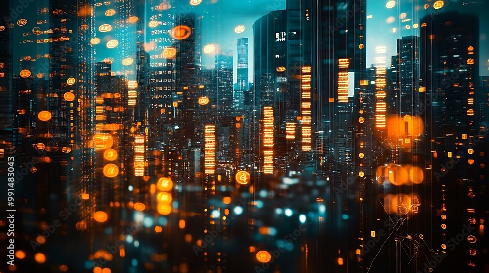 Poster Double exposure of city and rows of coins with stock and financial graph on virtual screen Business Investment concept : Generative AI