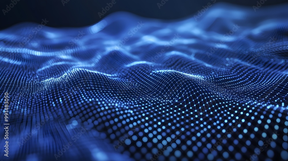 Poster abstract blue grid with glowing nodes and distorted waves
