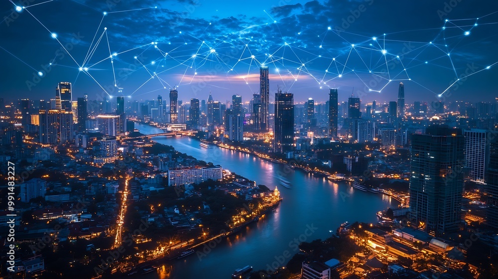 Poster Modern city with wireless network connection and city scape conceptWireless network and Connection technology concept with city background at night : Generative AI