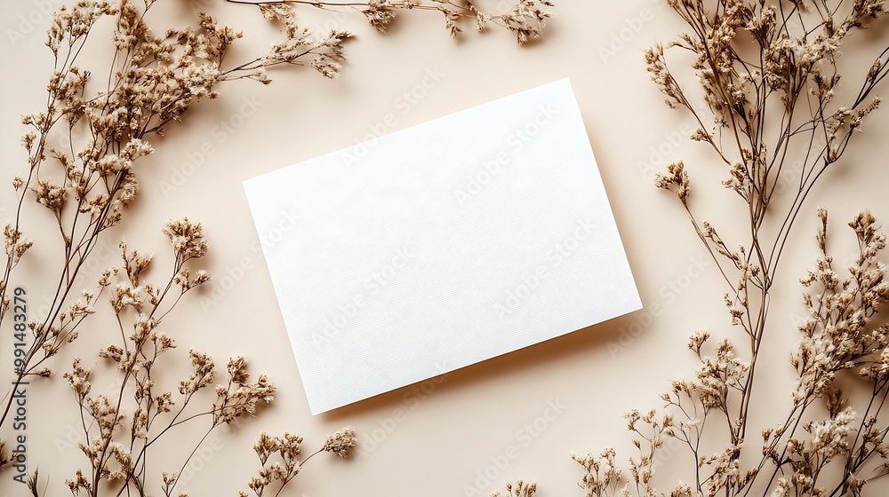 Poster white paper empty blank dried grass decoration on beige background invitation card mockup on beige t