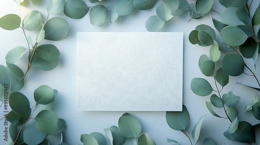 Poster mockup invitation blank greeting card and green leaves eucalyptus flat lay top view : generative ai