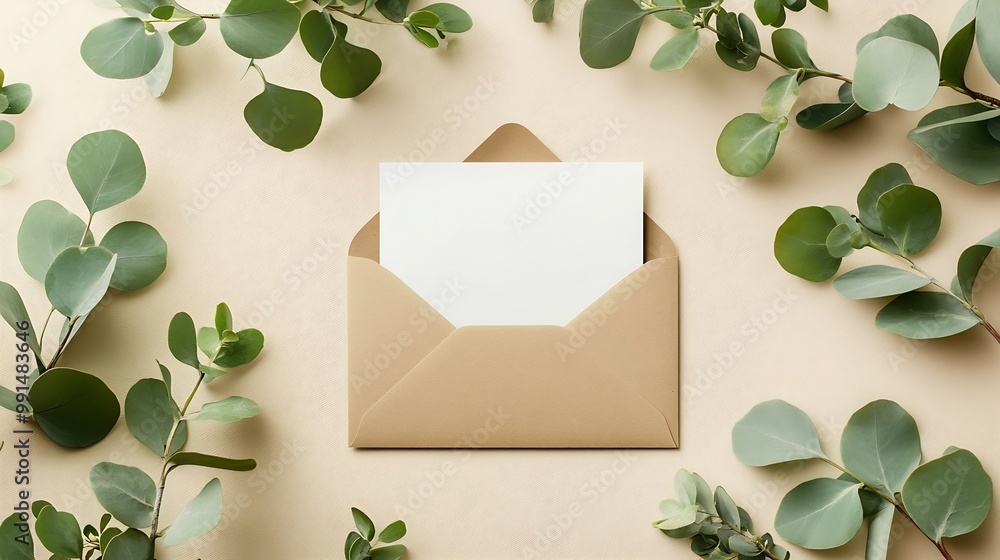 Aufkleber Banner Blank paper card mock up and craft envelope with branches eucalyptus leaves beige background White empty invitation on table Minimal modern lifestyle photo Flat lay top view cop : Generative AI
