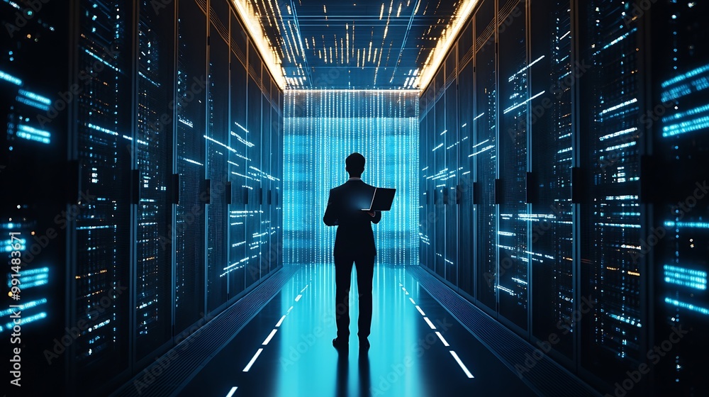 Poster futuristic concept data center chief technology officer holding laptop standing in warehouse informa