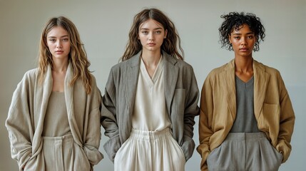 Naklejka premium A minimalist fashion collection featuring three models in neutral-colored outfits