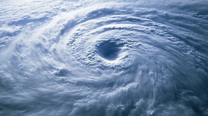 Satellite view of a huge spiral hurricane. Powerful forces of nature. The storm vortex is very large and has a hole in the center. Predicting and studying weather events. Illustration for design.