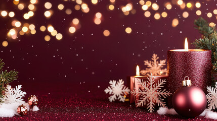 Festive holiday scene with glowing candles, sparkling ornaments, white snowflakes, and pine branches on a rich red background