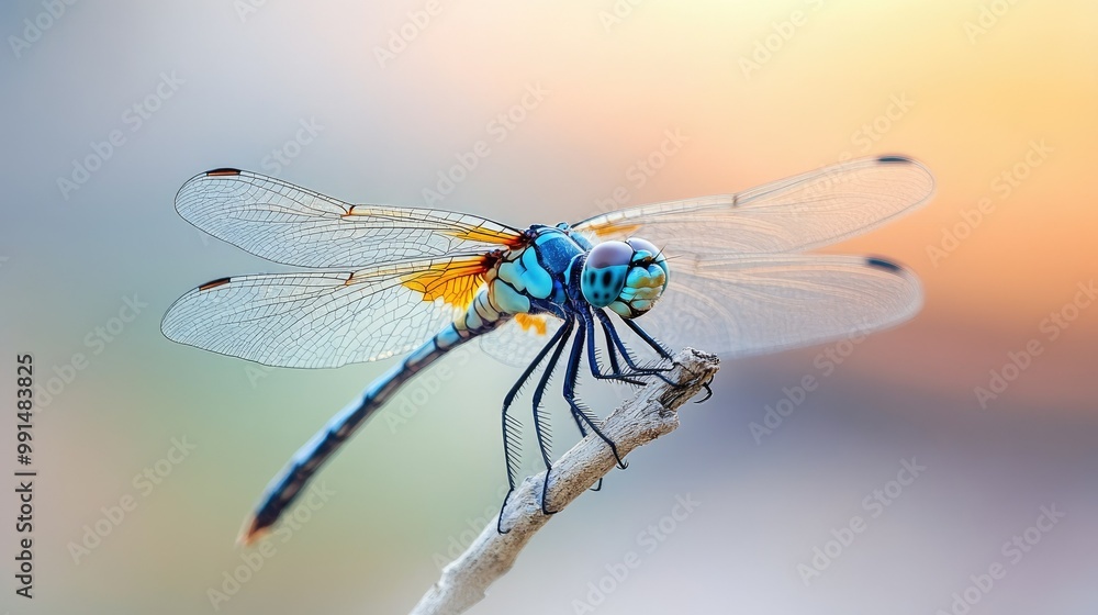 Poster close-up of a dragonfly resting on a twig, with ample room for text in the blurred background.
