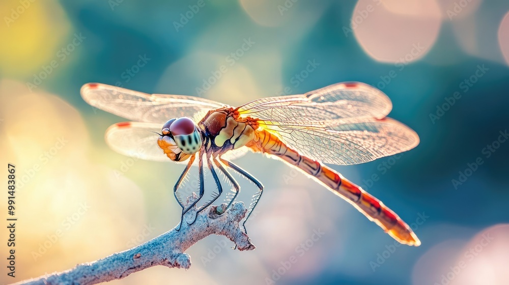 Poster close-up of a dragonfly resting on a twig, with ample room for text in the blurred background.