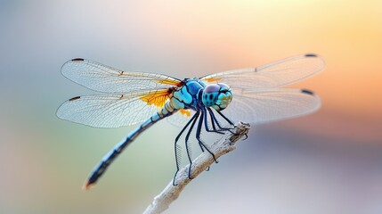 Close-up of a dragonfly resting on a twig, with ample room for text in the blurred background.