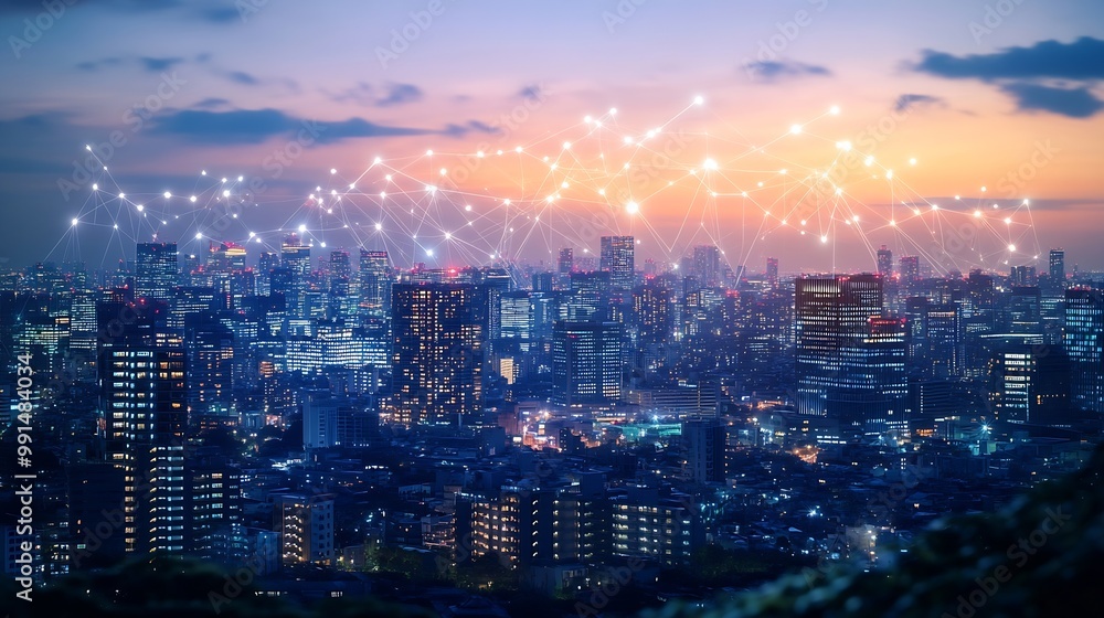 Poster modern cityscape and communication network concept telecommunication iot internet of things ict info