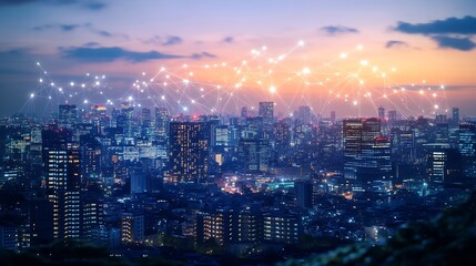 Fototapeta premium Modern cityscape and communication network concept Telecommunication IoT Internet of Things ICT Information communication Technology 5G Smart city Digital transformation : Generative AI