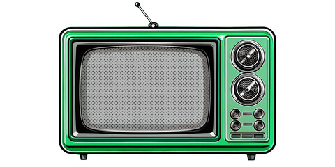 A vintage green television with two dials and an antenna stands in front of a transparent background. The empty, subtle texture of the screen suggests static. AI generated.