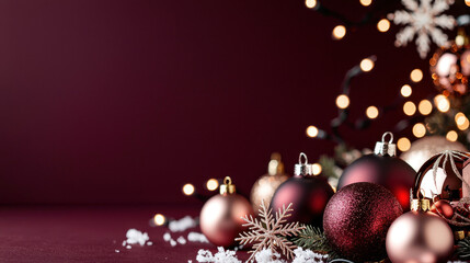 Decorative holiday ornaments in red, gold, and rose colors arranged with snowflakes and fairy lights on a festive background