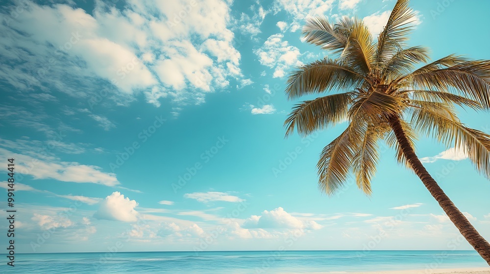 Poster palm tree on tropical beach with blue sky and white clouds abstract background copy space of summer 