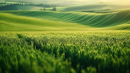 Obraz premium Landscape with green field in contrasting colors : Generative AI