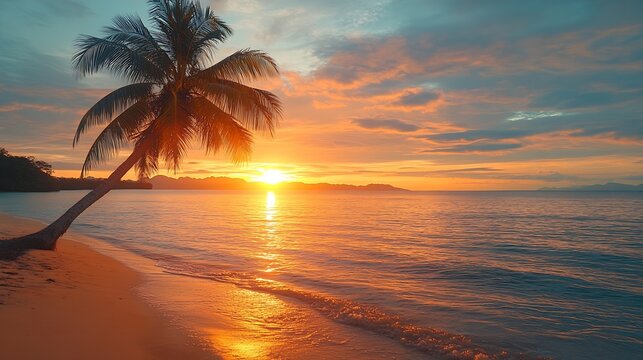 Island palm tree sea sand beach Panoramic beach landscape Inspire tropical beach seascape horizon Orange and golden sunset sky calmness tranquil relaxing summer mood Vacation travel ho : Generative AI