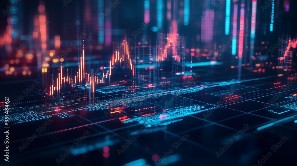 Poster digital data visualization with glowing graphs and charts representing financial trends in a futuris