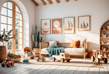 Cosy kidsroom interior in eco style with natural materials. AI generated.