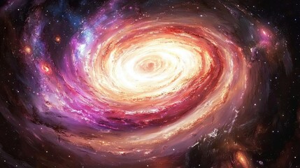 Fototapeta premium The spiral galaxy is surrounded by stars against the dark background of open space and emits a glow. Universe science astronomy. Illustration for cover, card, interior design, brochure or presentation