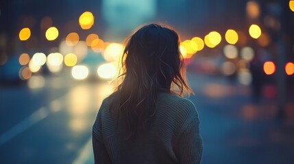 A woman with long hair gazes into the distance on a city street during dusk, surrounded by shimmering traffic lights. The ambient glow creates a dreamy and captivating backdrop.