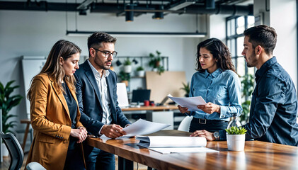 business team collaborating in a modern office, discussing strategies, proposals, and creative ideas in a workshop setting. Candid moments, natural lighting, dynamic teamwork interactions.
