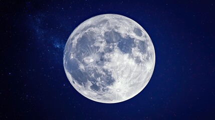 A big bright full moon gives off light in the night sky. An astronomical body orbiting the planet...