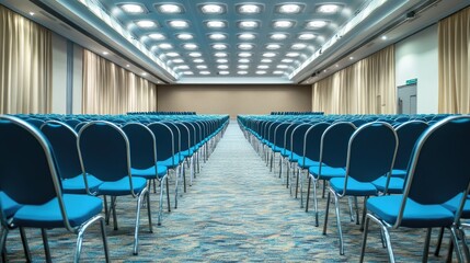 Naklejka premium Rear view of an empty conference hall with rows of blue chairs, perfectly aligned, awaiting attendees