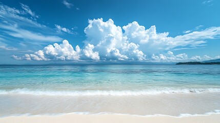 Obraz premium Beautiful beach with white sand turquoise ocean water and blue sky with clouds in sunny day Panoramic view Natural background for summer vacation : Generative AI