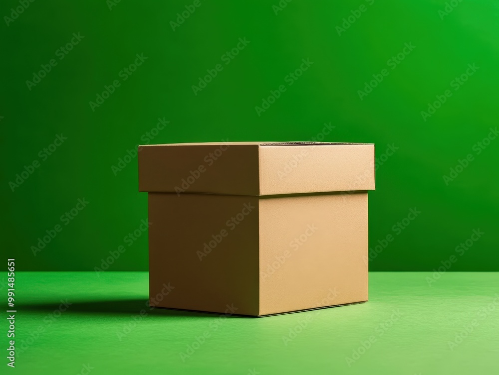 Wall mural a brown cardboard box on a vibrant green background, perfect for packaging and shipping concepts.