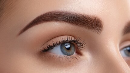 Obraz premium A close-up of perfectly shaped female eyebrows, meticulously groomed and defined, with soft makeup enhancing the natural beauty, set against a neutral background